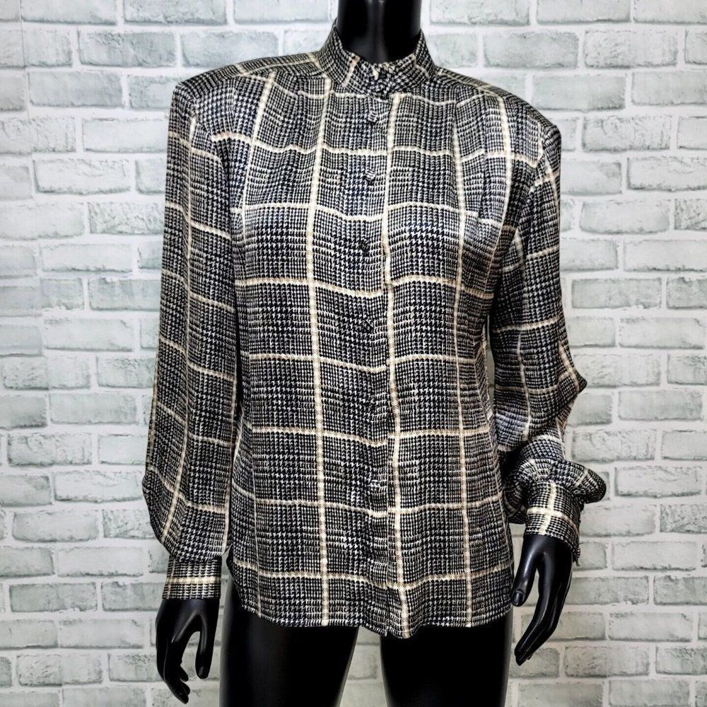 Vintage 70s JH Collectible Union‎ Made M/L Houndstooth Silky Blouse Button Front